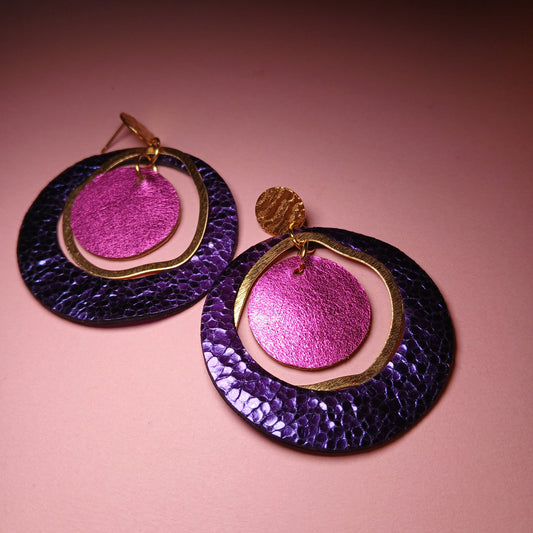Boucles d'oreilles  PLANET violet gaufré / rose